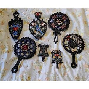 SET OF 7 Vintage JW John Wright Cast Iron Trivets PA Dutch black Farmhouse Decor